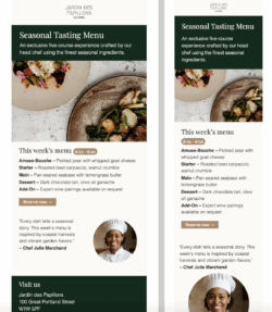 Showcase your chef’s creativity and use this luxury fine dining restaurant email template to invite guests to reserve a seat at your table. Email template for seasonal tasting menu at fine dining restaurant – chef-curated dishes, elegant design