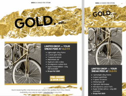 Pre-Order Offer Email template promoting the GLD FX limited edition bike – features product highlights, release date, and a sleek gold-themed design for premium gear campaigns.