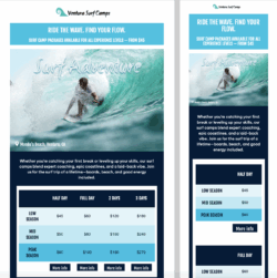 Pricing Table Surfcamp Surf camp email template featuring travel details, customer testimonial, and coastal imagery – ideal for promoting beach getaways and surf coaching packages.