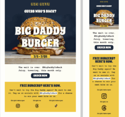 Perfect for spotlighting new, featured, or returning menu items. Use this template to tease product launches, or promote limited-time offers with strong visuals and bold messaging. Restaurant Promotion Email template for limited-time burger promotion – features Big Daddy Burger with double patties, cheddar, bacon, and brioche bun, headline 'Guess Who’s Back' and order button.