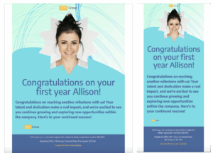 Work Anniversary Email Template A work anniversary email template designed by Mail Designer 365, showcasing both mobile and desktop versions. The template congratulates Allison on her first year, featuring her smiling photo against a light blue background with a white starburst design. The text praises her talent and dedication, wishing her continued success within the company. Company registration details and an unsubscribe option are included at the bottom. – A professional email design for modern campaigns, made with Mail Designer 365 – responsive by default.